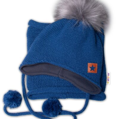 BABY NELLYS Zimná čiapka s fleecom a chlupáčková bambuľa Star + komínok - granát, 98/104