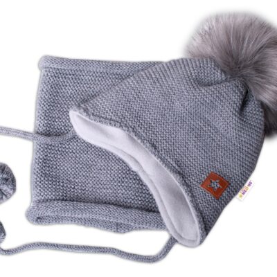 BABY NELLYS Zimná čiapka s fleecom a chlupáčková. bambuľka Star + komínok - sivá