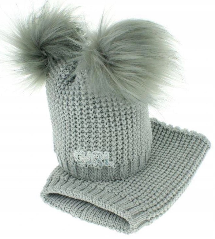 Baby Nellys: Zimná čiapka s komínom (sivé bambuľky)