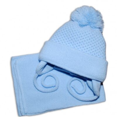 BABY NELLYS: Modrá zimná čiapka so šálom a brmbolcom