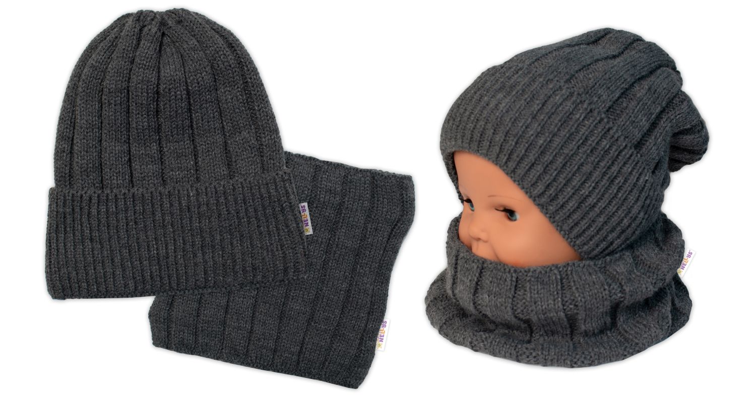 Baby Nellys: Zimná čiapka + komín (tm. sivá)