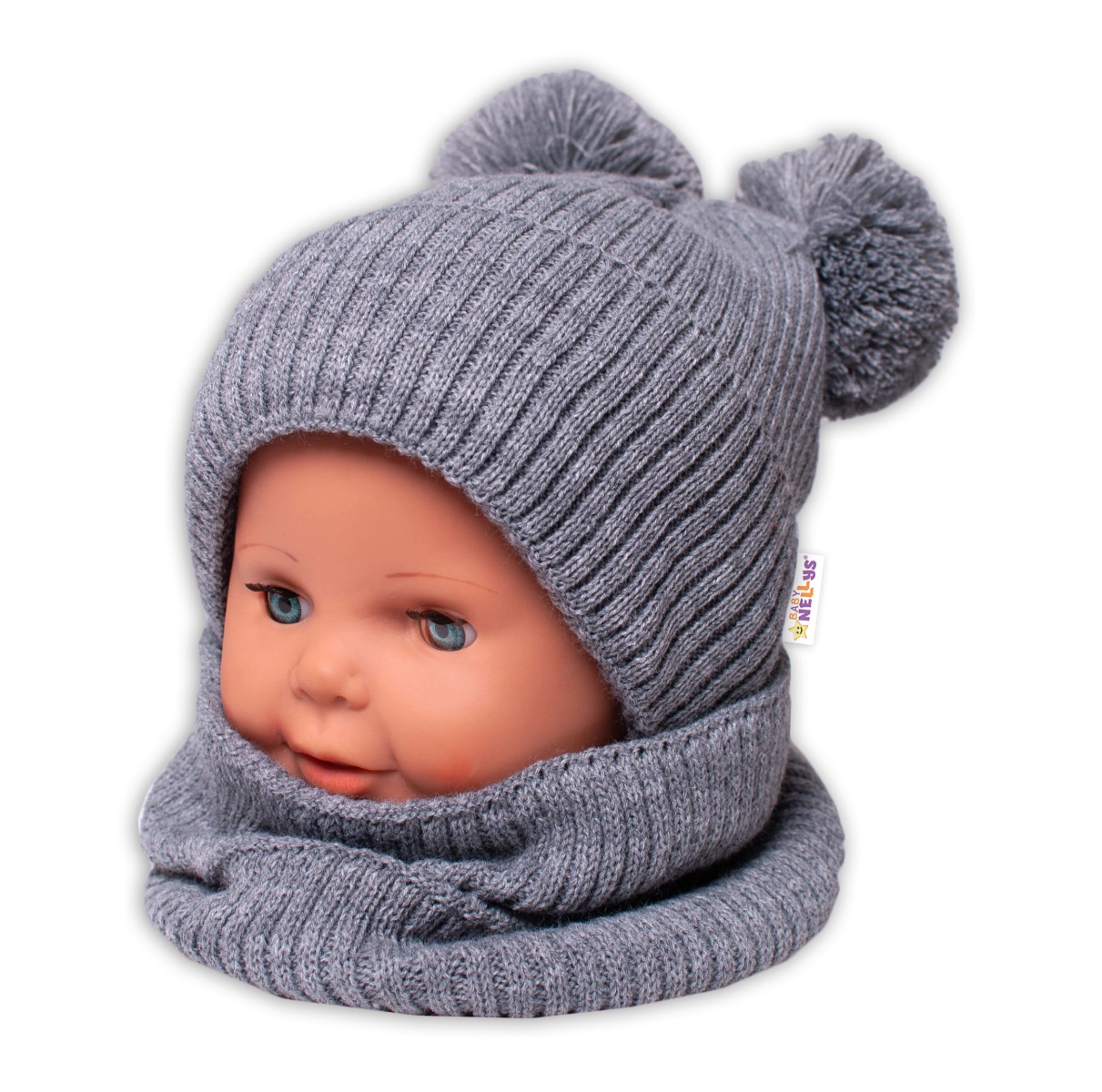 Baby Nellys: Čiapka + nákrčník (sivá s brmbolcami)