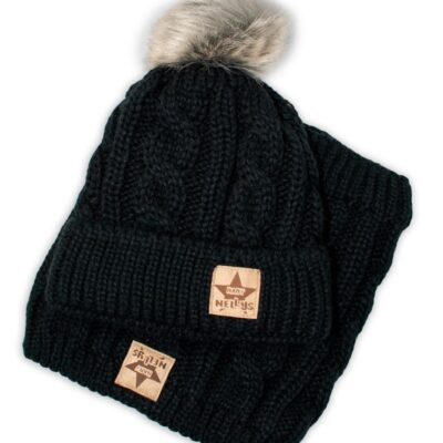 BABY NELLYS Zimná pletená čiapka s brmbolcom + komín, čierna, veľ. 104/116