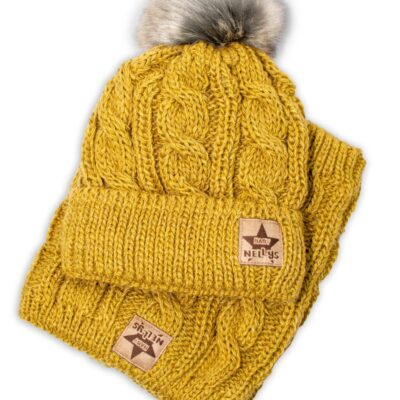BABY NELLYS Zimná pletená čiapka s brmbolcom + komín, horčica, 52-56cm