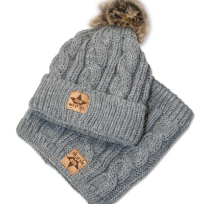 BABY NELLYS Zimná pletená čiapka s brmbolcom + komín, sivá, veľ. 104/116