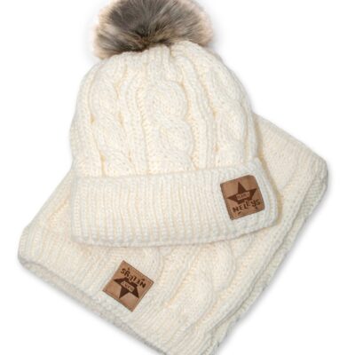 BABY NELLYS Zimná pletená čiapka s brmbolcom + komín, smotanová