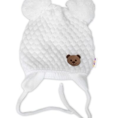 BABY NELLYS Zimná pletená čiapka Teddy Bear na zaväzovanie, biela, smotana, 68/80, (6-12m)