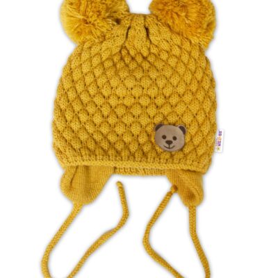 BABY NELLYS Zimná pletená čiapka Teddy Bear na zaväzovanie, horčicová
