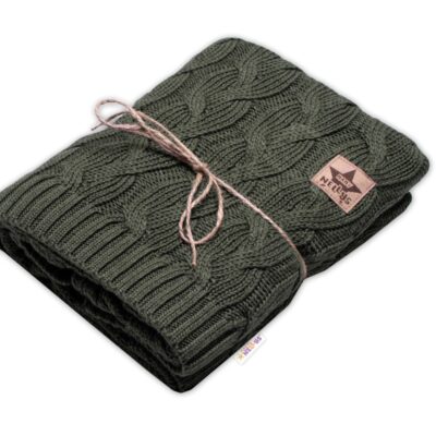 Bambusová detská pletená deka, vzor pletený vrkoč, 80 x100 cm, khaki
