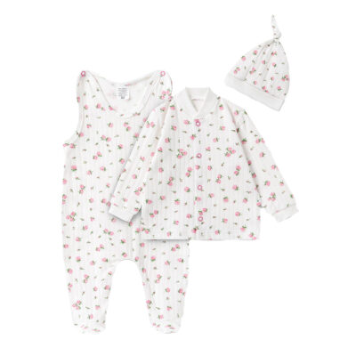 Bavlnená 3D sada, dupačky s košieľkou + čiapočka, Amélia, biela/ružová