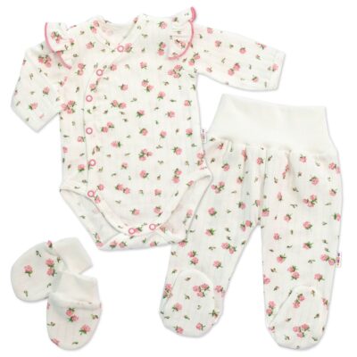 Bavlnená 3D sada, zavinovacie body, polodupačky + rukavičky, Amélia, biela/ružová