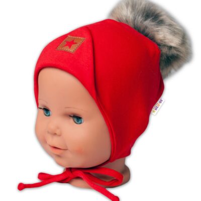Bavlnená dvojvrstvová čiapka s brmbolcom na zaväz. Star - červená, vel. 68/80