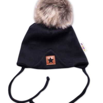 Bavlnená dvojvrstvová čiapka s brmbolcom na zaväz. Star - čierna, veľ. 80/86