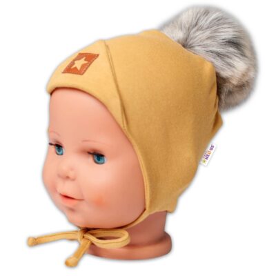 Bavlnená dvojvrstvová čiapka s brmbolcom na zaväz. Star - horčicová, veľ.80/86