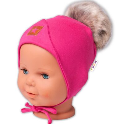 Bavlnená dvojvrstvová čiapka s brmbolcom na zaväz. Star - ružová, vel. 68/80