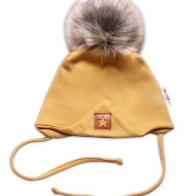 Bavlnená dvojvrstvová čiapka s brmbolcom na zaväzovanie Star - horčicová