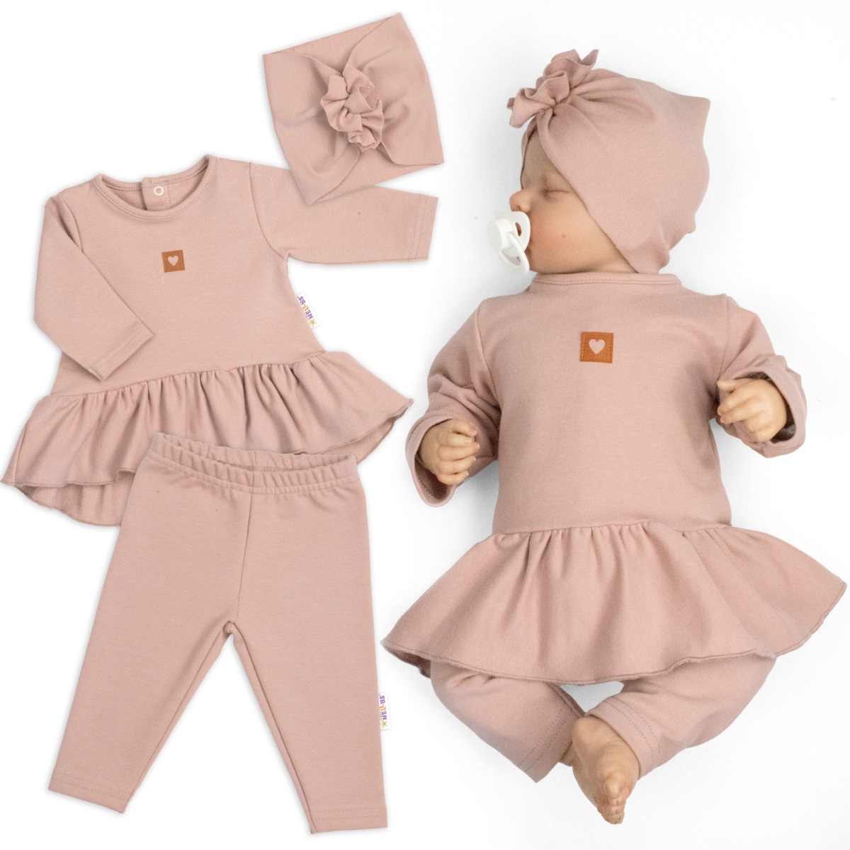 Bavlnená sada, 3D, tunika, legíny, turban - púdrovo ružová, veľ. 68