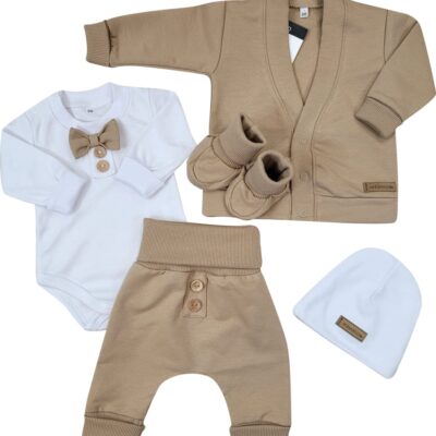 Bavlnená sada, body, nohavice, motýlik a čiapka Elegant Boy 5D, Kazum, mocca/biela, veľ.80