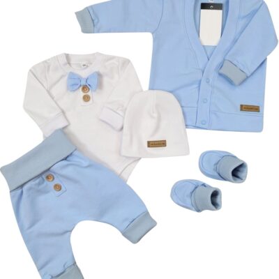 Bavlnená sada, body, nohavice, motýlik a čiapka Elegant Boy 5D, Kazum, modrá/biela, veľ.74