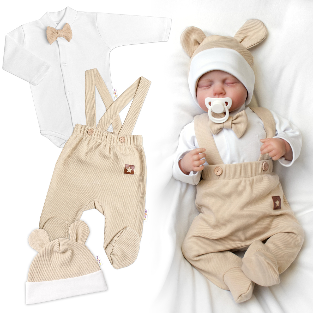 Bavlnená súprava Gentleman 3D, body, polodupačky s lacnom + čiapočka, béžová/biela, veľ.68