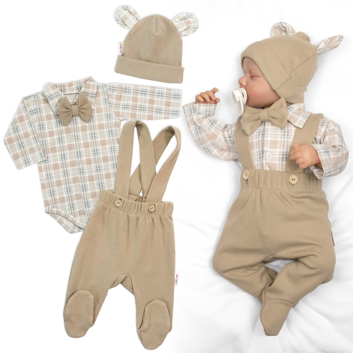 Bavlnená súprava Gentleman 3D, body, polodupačky s lacnom, čiapočka, béžová/kocka, 62