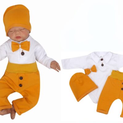 Bavlnená súpravička body, tepláčky, čiapočka a motýlik 4D, Z&Z, biela/horčicová, veľ. 68