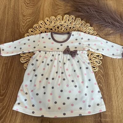 Bavlnené šaty s mašličkou, dl. rukáv, Puntík, Mamatti, smotanové s potlačou, veľ. 74