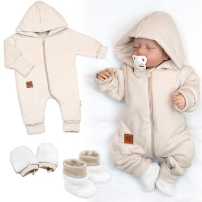 Bavlnený oteplený overálok s kapucňou, rukavičky, topánky, 3D sada Nature - sv. béžový, 68