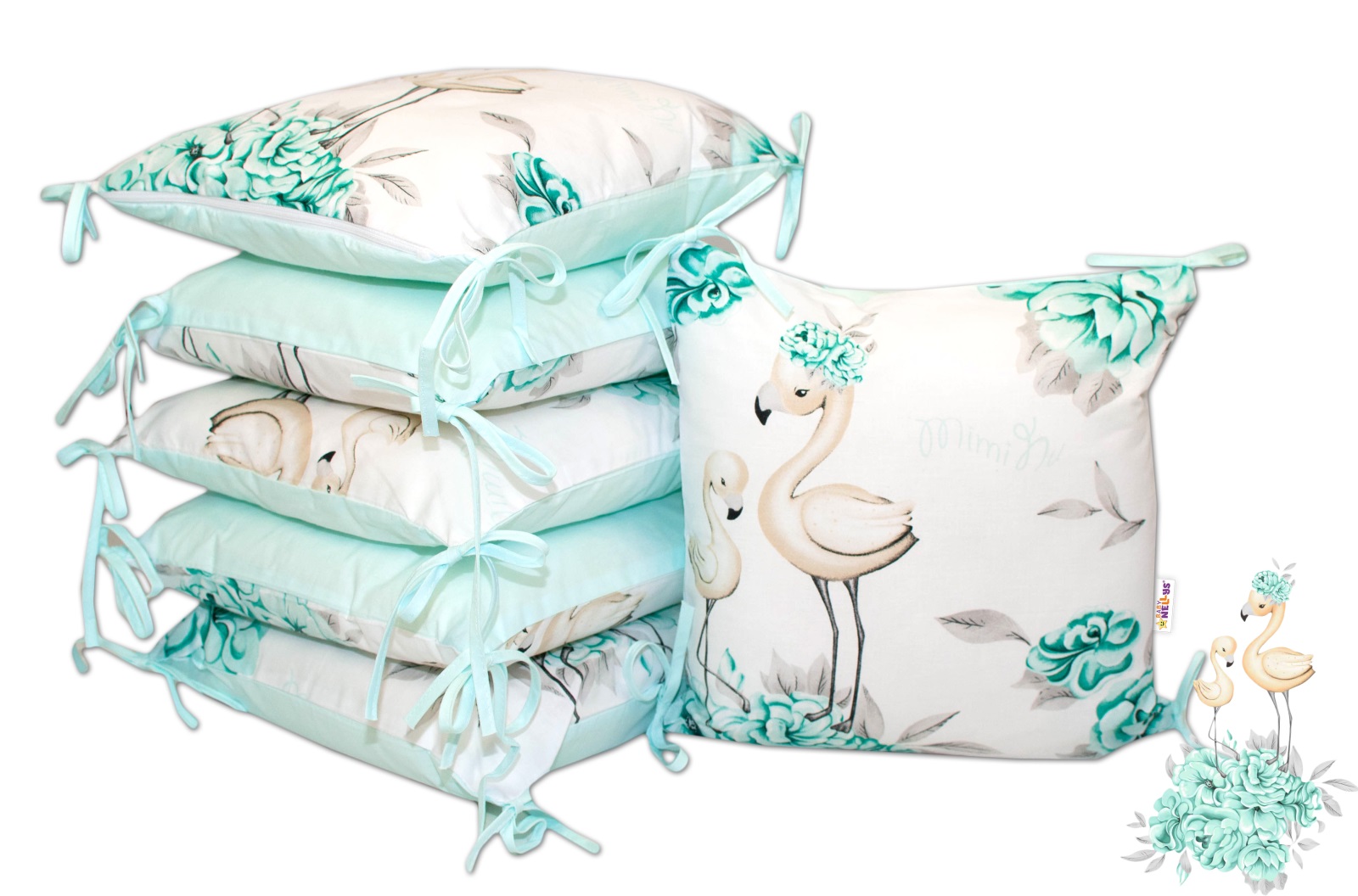 Baby Nellys: Vankúšikový mantinel Plameniak (mätový)