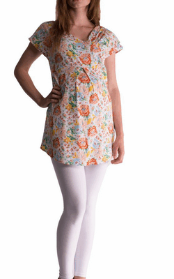 Be MaaMaa Tehotenská asymetrická tunika s farebnými kvetmi - lososová