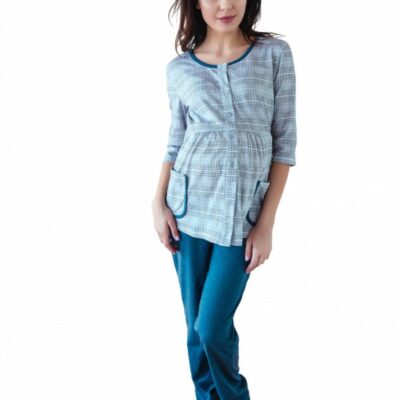 Be MaaMaa Tehotenské, dojčiace pyžamo, 3/4 rukáv - šedá/jeans