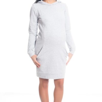 Be MaaMaa Tehotenské / dojčiace šaty Anais s kapucňou, dlhý rukáv - sv. sivé, veľ. XL
