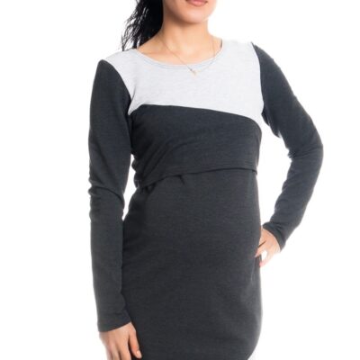 Be MaaMaa Tehotenské / dojčiace šaty Jane, dlhý rukáv - grafitové