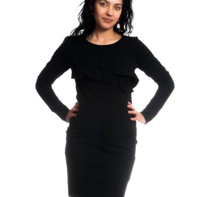 Be MaaMaa Tehotenské / dojčiace šaty z volánkom, dlhý rukáv - čierne, veľ. L