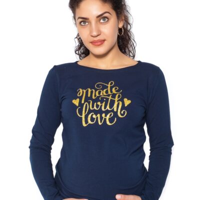 Be MaaMaa Tehotenské tričko dlhý rukáv In Love - tm. modrá - XL