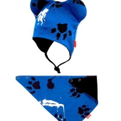 BEXA dvojvrstvová čiapka na zaväzovanie s uškami + šatka - Labky, granát, veľ. 62/68