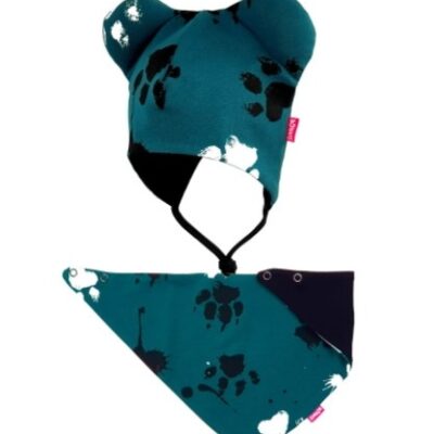 BEXA dvojvrstvová čiapka na zaväzovanie s uškami + šatka - Labky, petrolejová, veľ. 92/98