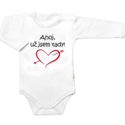Body dlhý rukáv s vtipným textom Baby Nellys, Ahoj už jsem tady! - biele, veľ. 62