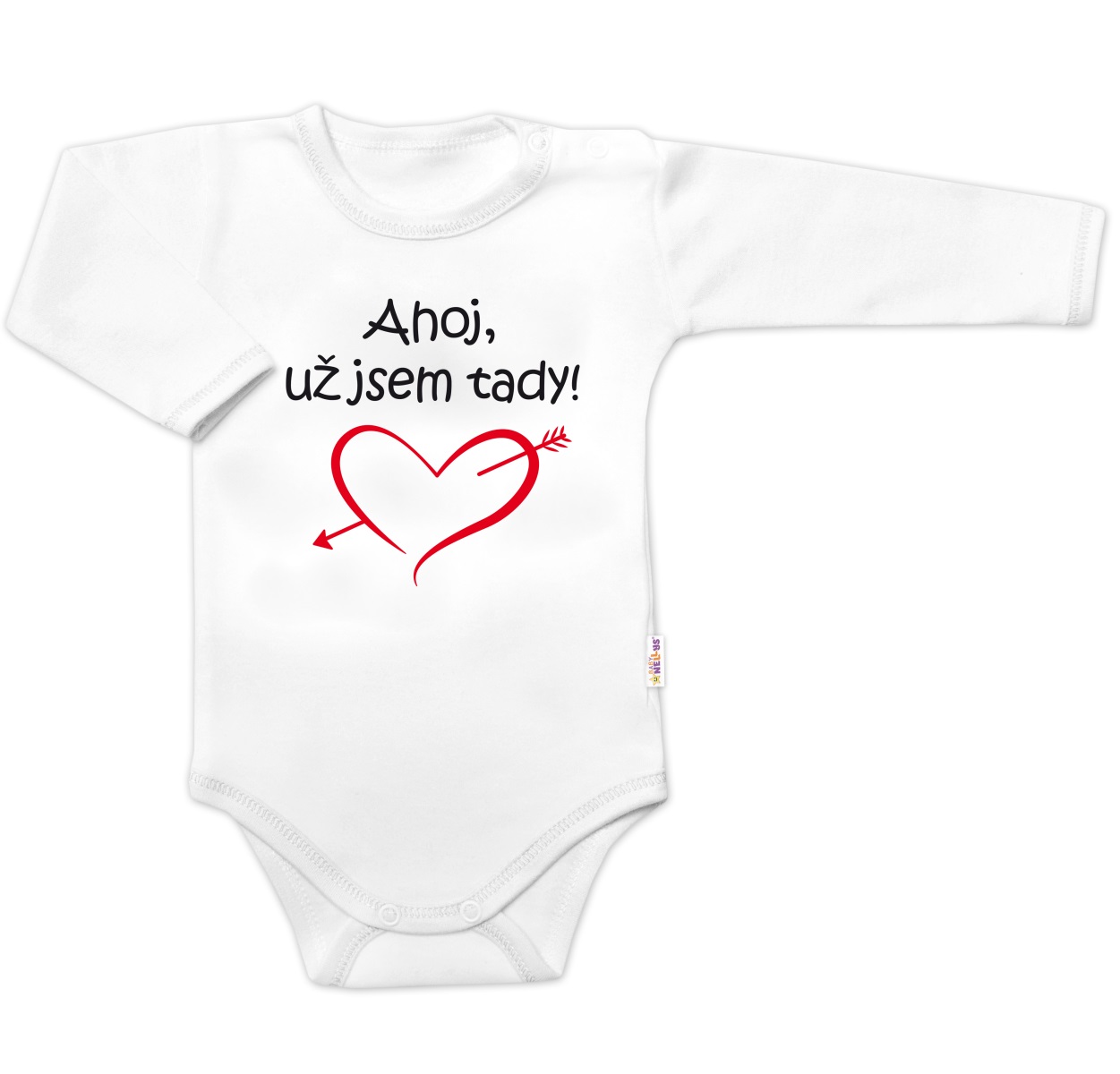 Body dlhý rukáv s vtipným textom Baby Nellys, Ahoj už jsem tady! - biele, veľ. 62