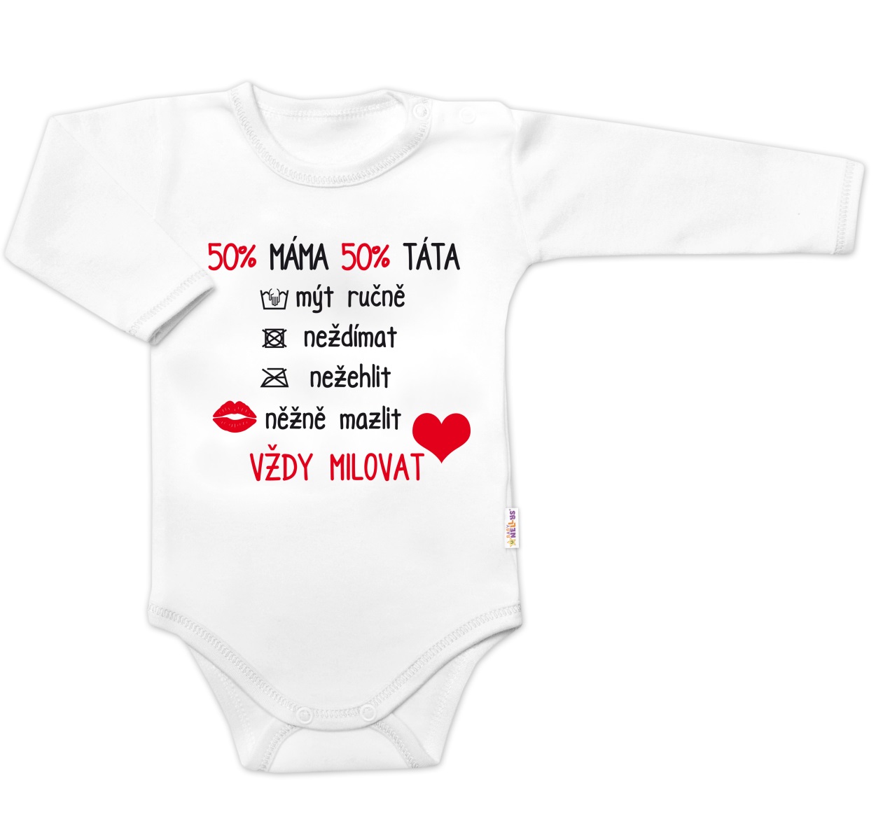 Body dlhý rukáv s vtipným textom Baby Nellys, Vždy Milovat - biele, veľ. 80