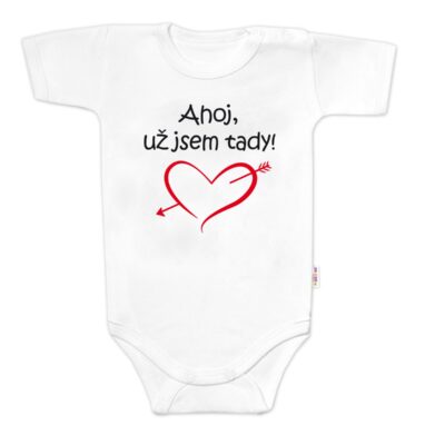 Body krátky rukáv s vtipným textom Baby Nellys, Ahoj už jsem tady! - biele, veľ. 62