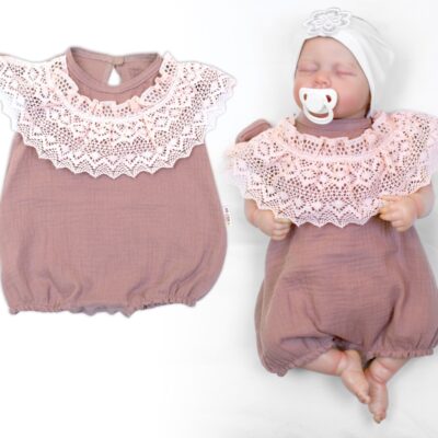 Body s nohavičkami, mušelín, s čipkou - hnedoružová, veľ. 86