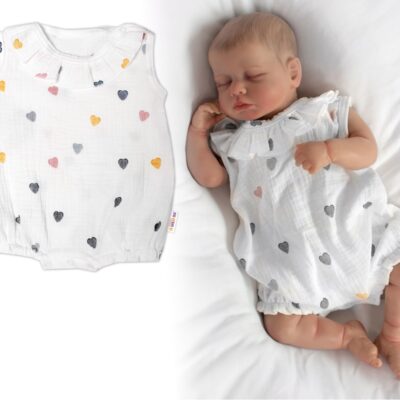 Body s nohavičkami, mušelín, Srdiečko, Baby Nellys - smotanové, veľ. 80