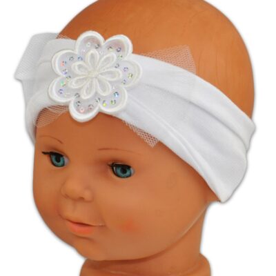 Baby Nellys: Biela čelenka s kvetinkou & flitrami (80/92)