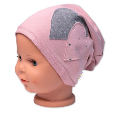 Detská čiapka bavlna, Srdiečka s kamienkami, Baby Nellys, púdrová, veľ. 104/134