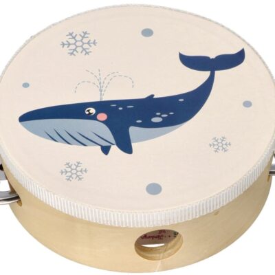 Detská drevená tamburína Veľryba (biela/modrá)