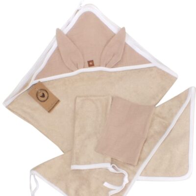 Detská luxusná 4D bambusová sada - osuška s kapucňou a uterákom + 2 žinky, bežová