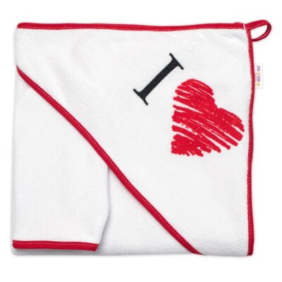 Detská osuška s kapucňou + žinka I love, Baby Nellys,roz.80 x 80 cm,bielo/červená