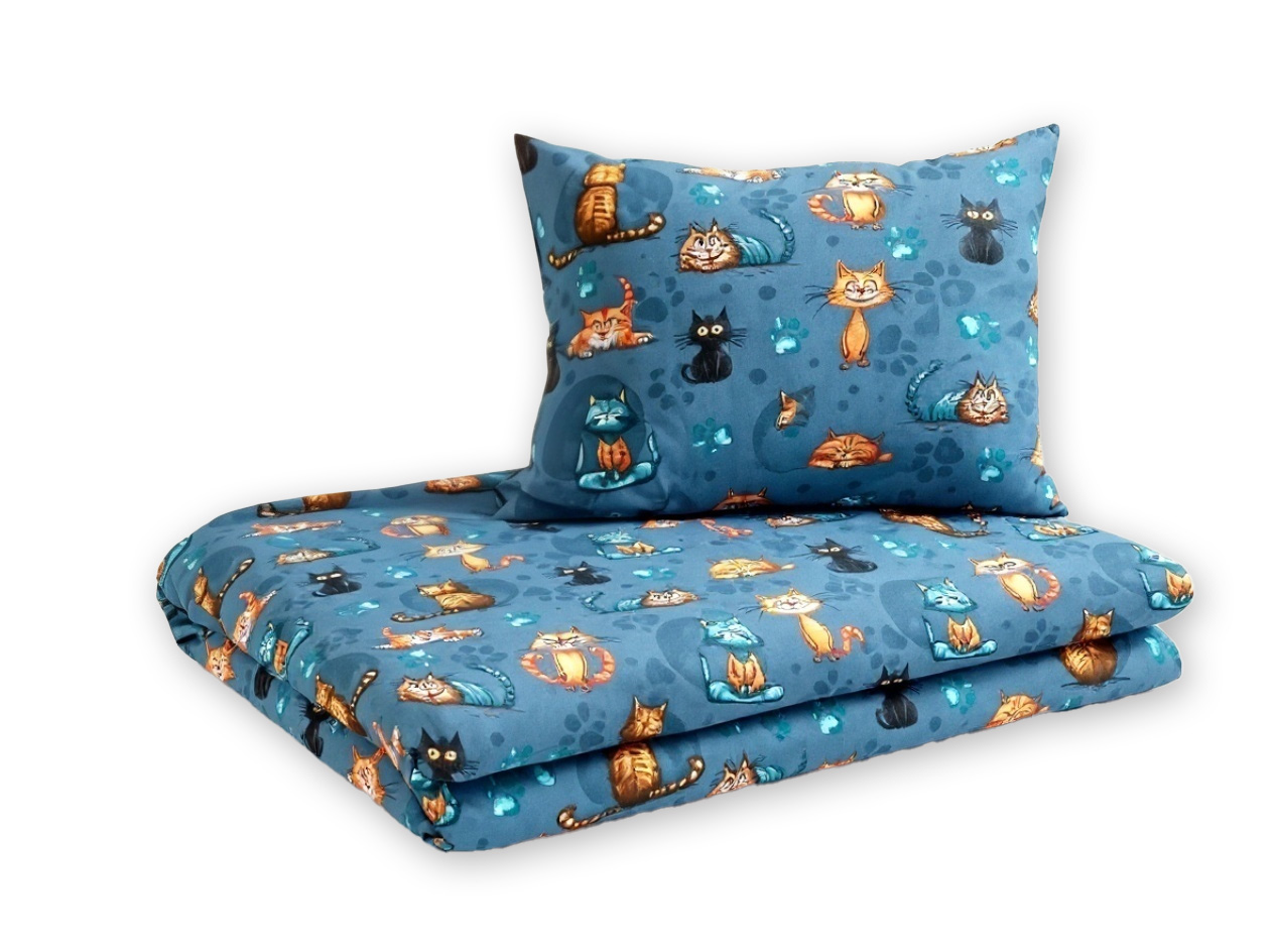 Detské obliečky, bavlna 2D 140x200/70x90 - Mačky Mourci - modré