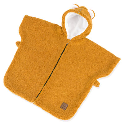 Detské oteplené pončo do auta s kapucňou, horčicová